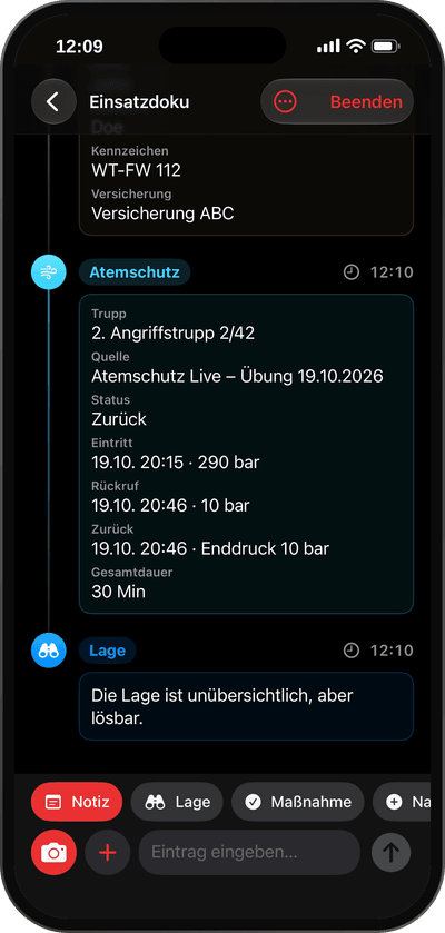 Übernommener Atemschutztrupp in der Zeitleiste: Trupp, Quelle Atemschutz Live, Status, Eintritt, Rückruf, Rückkehr mit Enddruck und Gesamtdauer