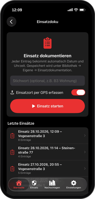 FireMind Einsatz auf dem iPhone: Startansicht „Einsatz dokumentieren“ mit Stichwortfeld, GPS-Schalter, Knopf „Einsatz starten“ und Liste der letzten Einsätze
