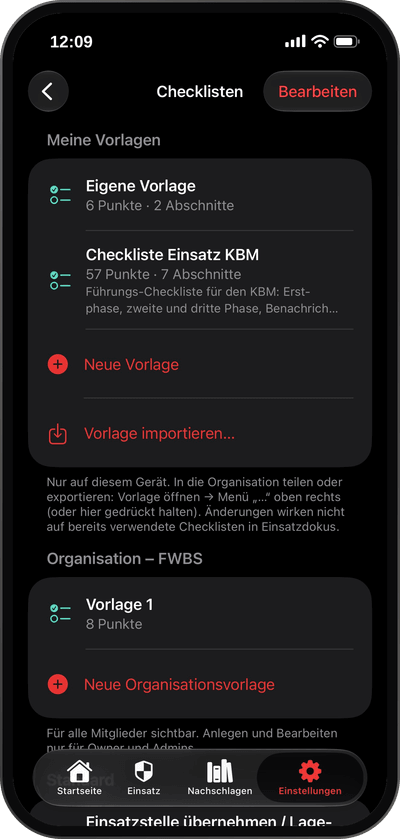 Vorlagenverwaltung unter Einstellungen, Einsatzdoku, Checklisten: Meine Vorlagen mit Neue Vorlage und Vorlage importieren, darunter Organisationsvorlagen