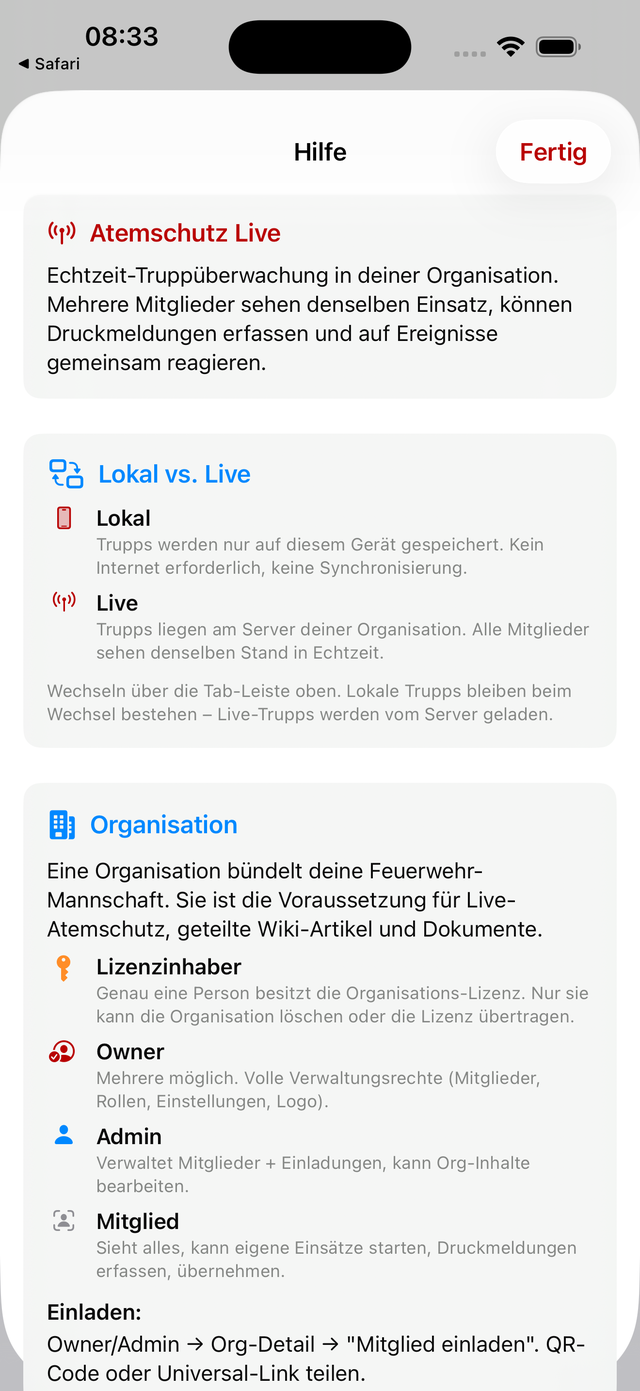 Integrierte Hilfe – Atemschutz Live, Lokal vs. Live und Organisations-Rollen erklärt