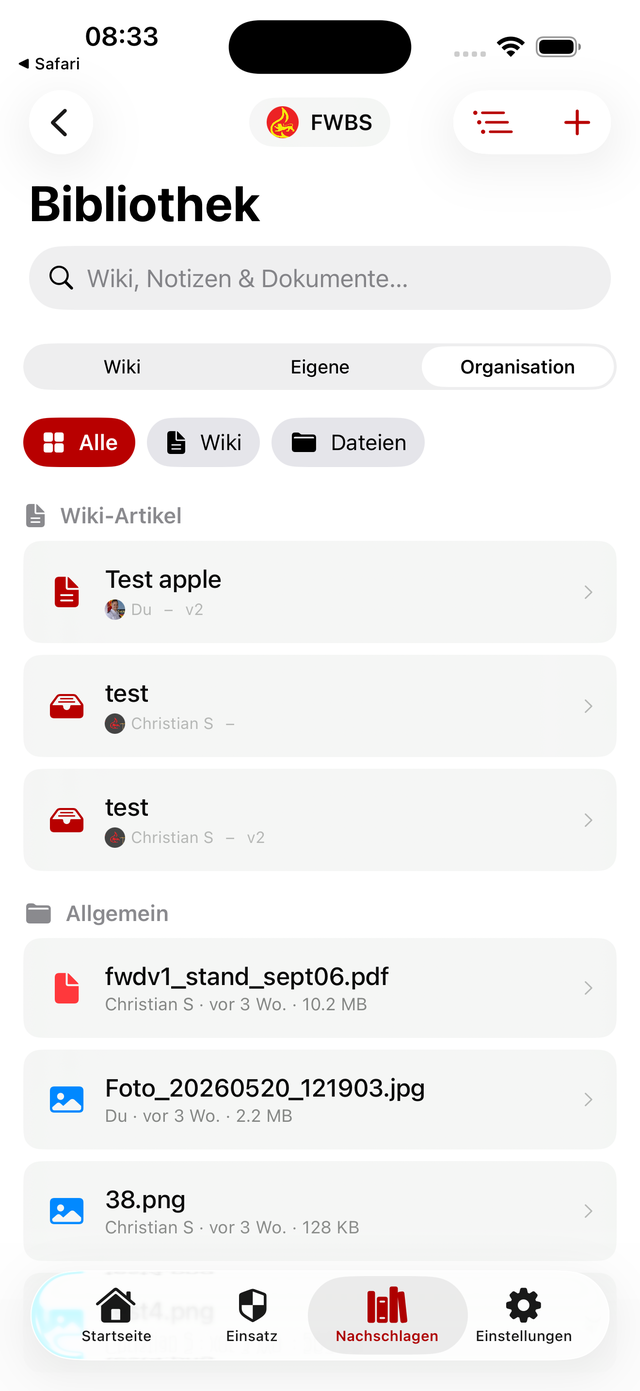 Bibliothek – Wiki, Dateien und Notizen der Organisation mit Filtern
