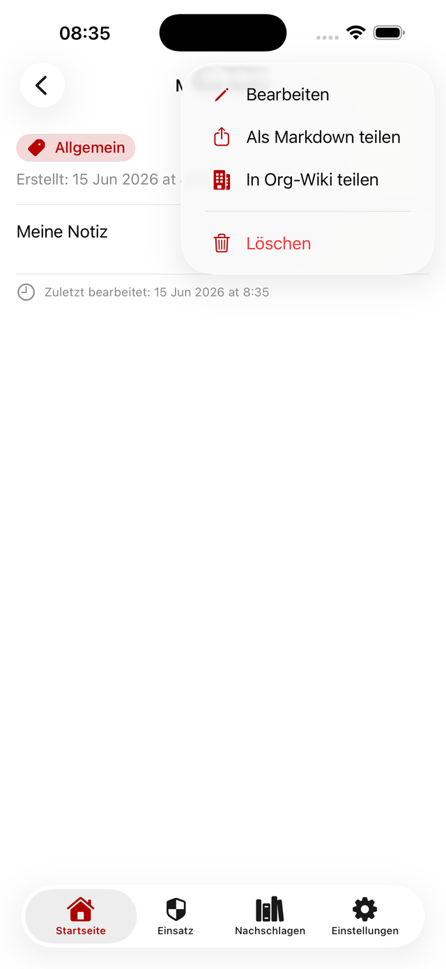 Notiz teilen – bearbeiten, als Markdown teilen oder ins Org-Wiki übernehmen