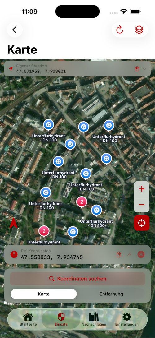 Einsatzkarte mit Hydranten und POIs