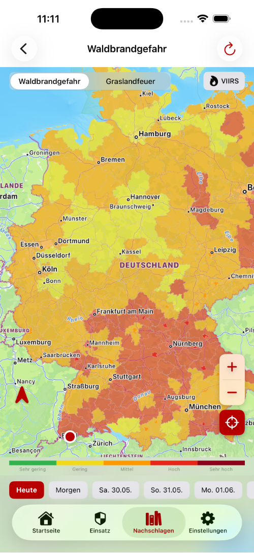Waldbrandgefahr-Karte für Deutschland mit Mehrtages-Vorhersage