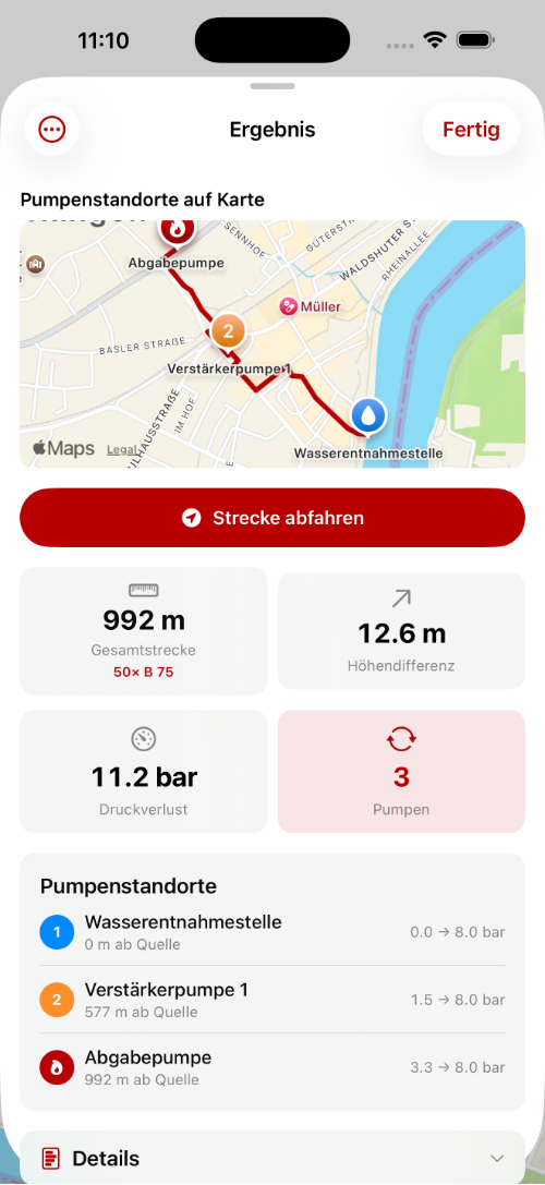 Wasserförderung mit Pumpenstandorten und Hydraulikberechnung